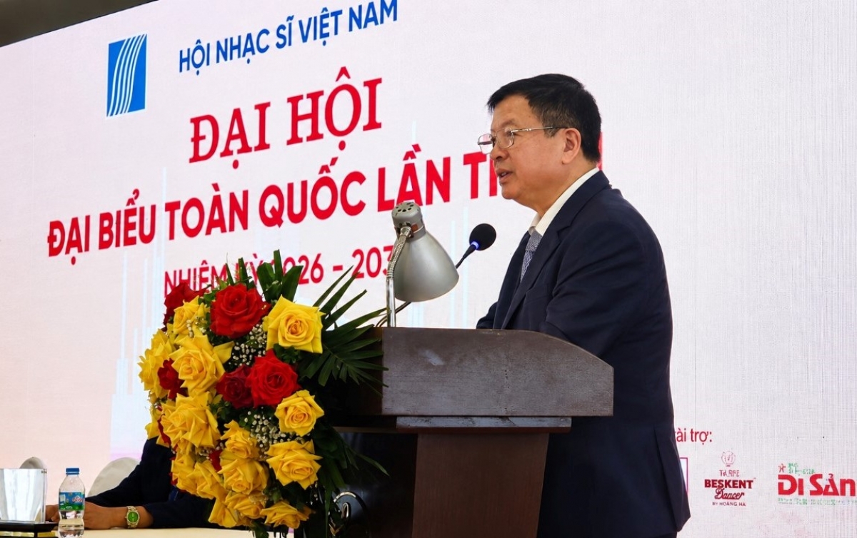PGS, TS, nhạc sĩ Đỗ Hồng Quân, Phó Chủ tịch không chuyên trách Ủy ban Trung ương Mặt trận Tổ quốc Việt Nam, Bí thư Đảng ủy, Chủ tịch Liên hiệp các Hội Văn học Nghệ thuật Việt Nam phát biểu.