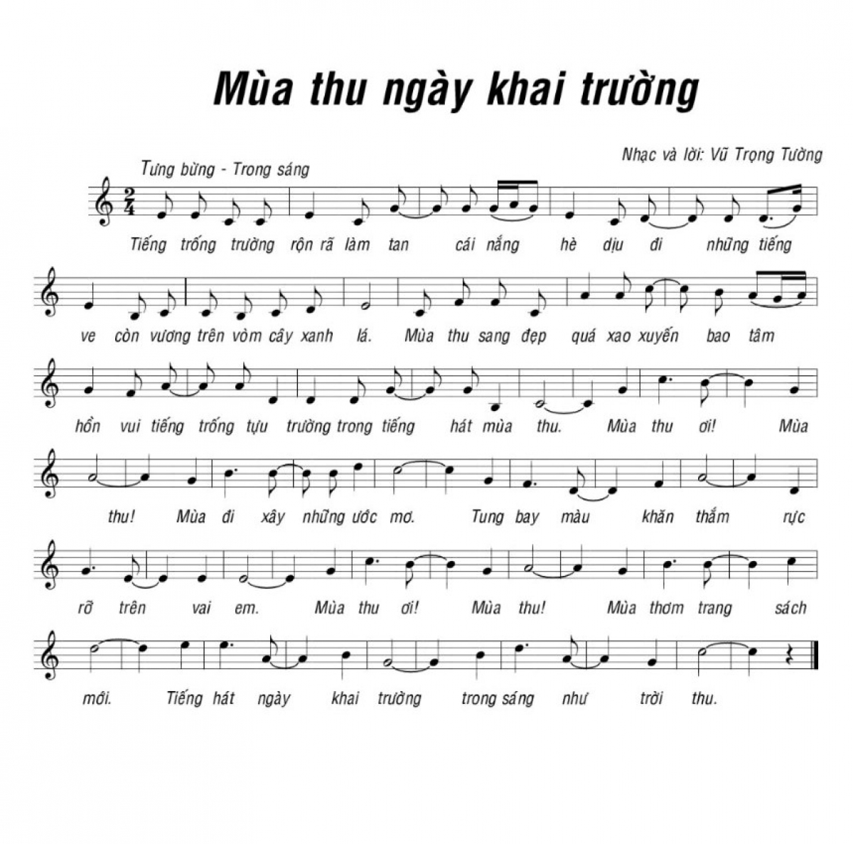 Bản nhạc ca khúc "Mùa thu ngày khai trường" của nhạc sĩ Vũ Trọng Tường. (Internet).