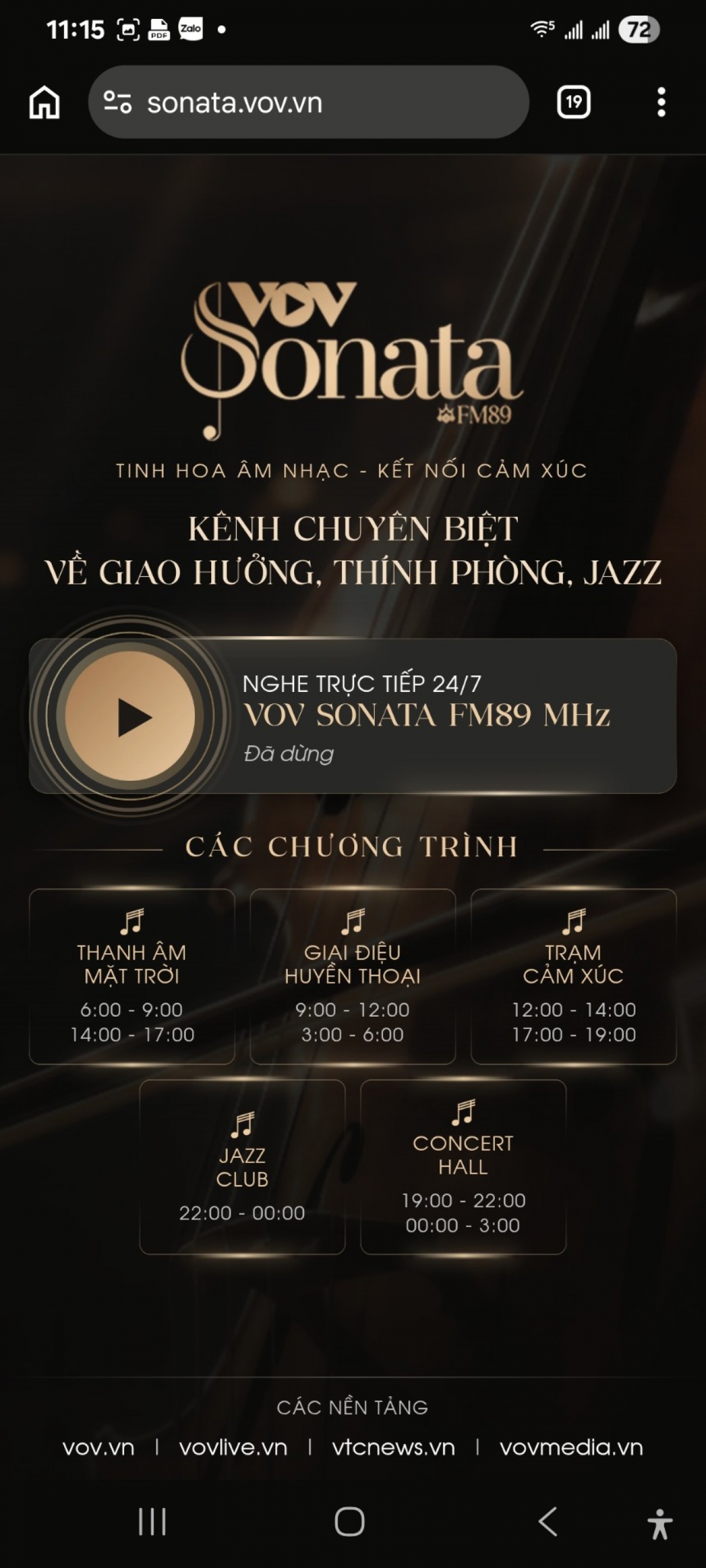 VOV Sonata - FM89 phát sóng trực tuyến tại địa chỉ https://sonata.vov.vn/.